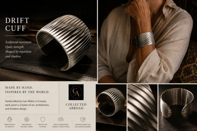 Not all treasures are found in museums. Some are meant to be worn.

Meet the Drift Cuff — sculptural, handcrafted, and designed to move with light, shadow, and the woman wearing it.

Quiet luxury. Collected abroad.

#CollectedAbroad #QuietLuxury #WearableArt