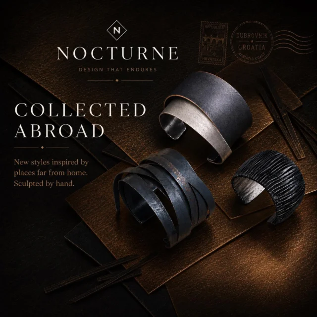 Some pieces feel less like jewelry and more like collected art. 

Three new sculptural cuffs have arrived in Nocturne—handcrafted in Croatia by artist Ivan Midzic using raw metals, preserved textures, and forms shaped entirely by hand. 

Explore the new styles at Collectedabroad.com