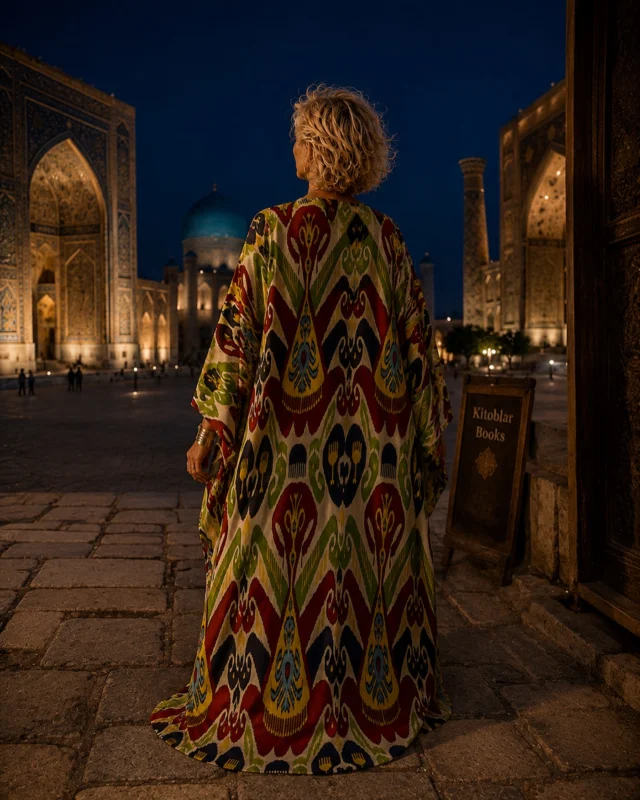 THE WOMAN IN THE CAFTAN — PART II
Samarkand, Uzbekistan

Three days later, she appeared beneath the blue domes of Samarkand.

Different caftan.

Same woman.

At the Registan, an elderly bookseller stopped her and handed her a small envelope.

She didn’t open it.

She slipped it beneath the wide silk sleeve and disappeared into the crowd.

That evening, the bookseller’s shop was closed.

On its door hung a single brushed metal cuff.

Croatian, as it turned out.

#CollectedAbroad #UmidaKabilova #IvanMidzic #Samarkand #WearableArt
