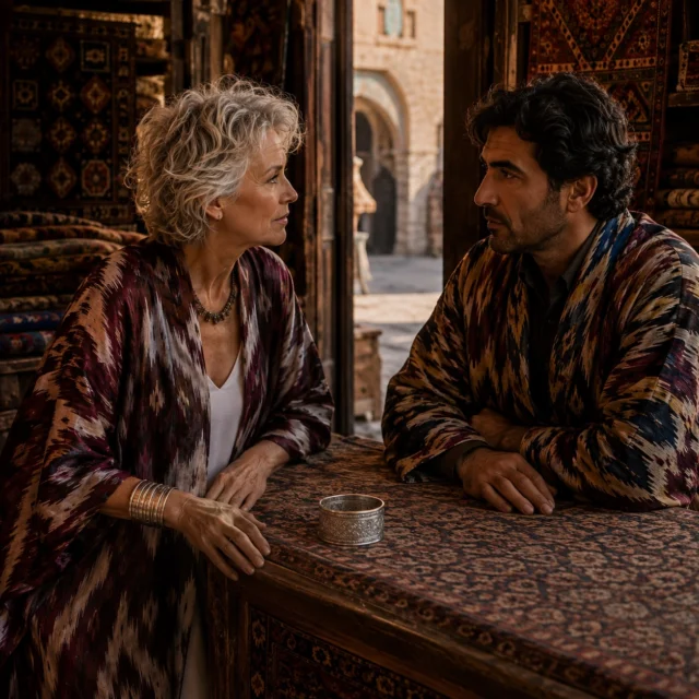 THE WOMAN IN THE CAFTAN — PART III
Khiva, Uzbekistan

In Khiva, everyone remembered her.

Mostly because of the caftan.

Deep silk, improbable color, trailing through streets the color of sand.

But the carpet merchant remembered something else.

She asked him one question:

“Have you ever been to Zagreb?”

He hadn’t.

She bought nothing.

When she left, he noticed a sculptural silver cuff on the table.

She had been wearing gold. 
Continue the story—and meet the artisans behind it at CollectedAbroad.com.

#CollectedAbroad #SilkRoadAtelier #Khiva #IvanMidzic #UmidaKabilova