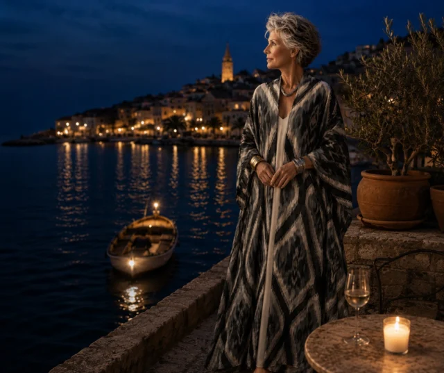 THE WOMAN IN THE CAFTAN — PART V
Hvar, Croatia

The hotel swore she never checked in.

Still, every evening at seven, she appeared on the terrace.

Barefoot.

Silk caftan.

A glass of something cold.

And now—two cuffs.

One gold. One silver.

On the third evening, a small wooden boat entered the harbor.

She stood before it reached the dock.

Apparently, she had been expecting someone.

Or something.

Continue the story—and meet the artisans behind it at CollectedAbroad.com.

#CollectedAbroad #Hvar #umidakabilova #SilkRoadAtelier #WearableArt