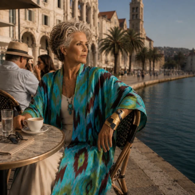 THE WOMAN IN THE CAFTAN — PART VI
Split, Croatia

Six weeks later, she was drinking coffee on the Riva in Split.

Nobody knew she had arrived.

The Uzbek silk looked entirely at home against Diocletian’s ancient stone.

This time she wore two cuffs, both gold. 

A man at the next table noticed it immediately.

“You found them,”he said.

“No,” she replied.
“They found me.”

Then she asked for the ferry schedule to Hvar.

Continue the story—and meet the artisans behind it at CollectedAbroad.com.

#CollectedAbroad #IvanMidzic #SplitCroatia #UmidaKabilova #TheWomanInTheCaftan