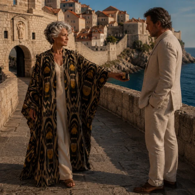 THE WOMAN IN THE CAFTAN — PART VII
Dubrovnik, Croatia

By Dubrovnik, people had begun asking questions.

She preferred not to answer them.

She walked the old walls shortly after sunrise in a black-and-gold caftan, the Adriatic almost unnaturally blue below.

At Pile Gate, she removed one of her cuffs.

She handed it to a man in a linen suit.

“You know where this belongs.”

He looked at the cuff.

Then at her.

“You said Bukhara.”

“I changed my mind.”

Continue the story—and meet the artisans behind it at CollectedAbroad.com.

#CollectedAbroad #Dubrovnik #IvanMidzic #UmidaKabilova #TheWomanInTheCaftan